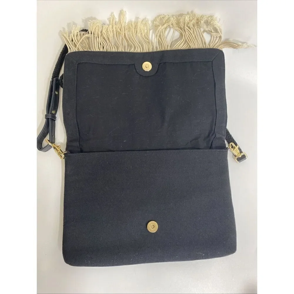 Stella & Dot Macrame Fringe Clutch Purse Evening Party Boho Black‎ & Cream